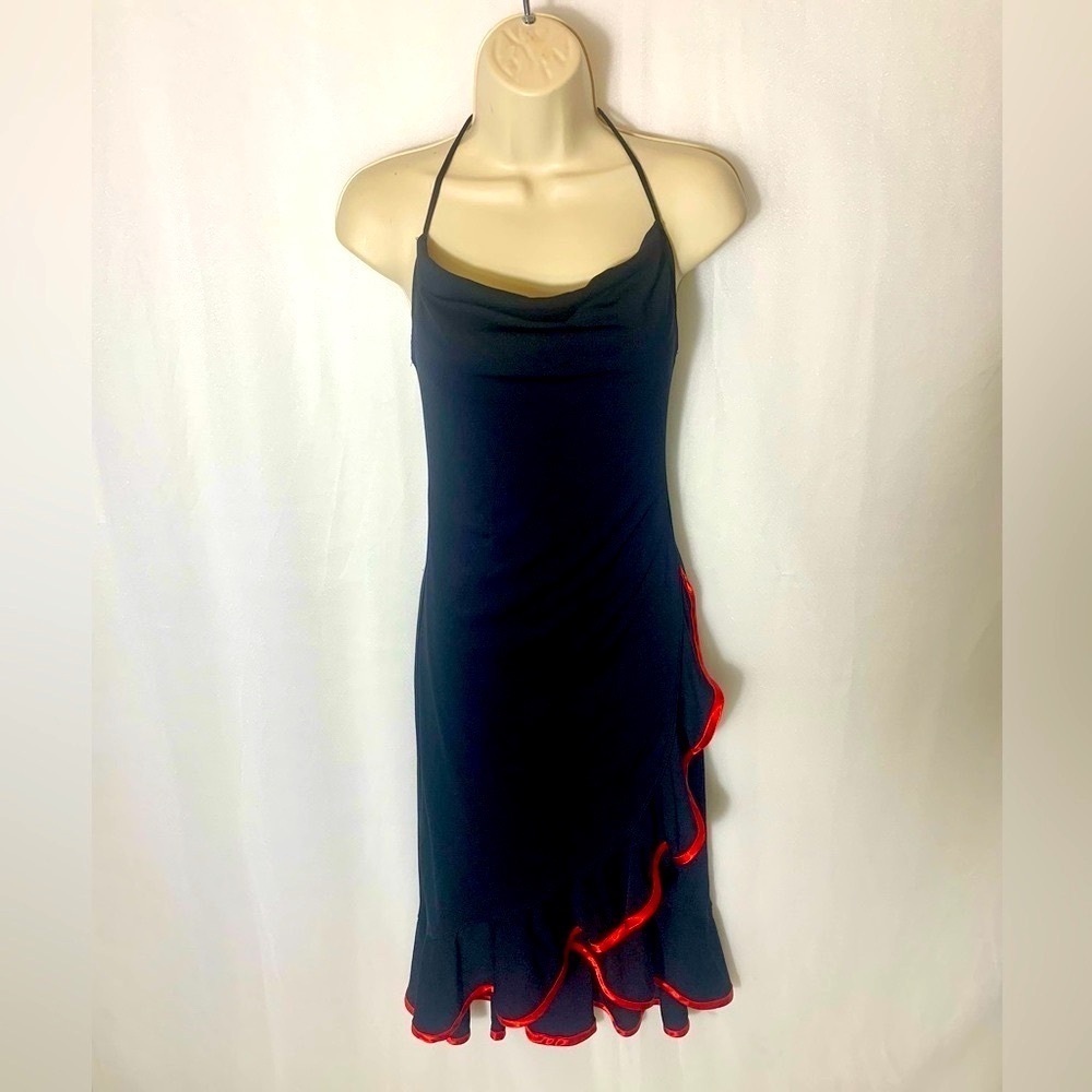 LA BELLE Halter Black and Red Ruffle Trim Sexy Gothic Halloween Dress, M